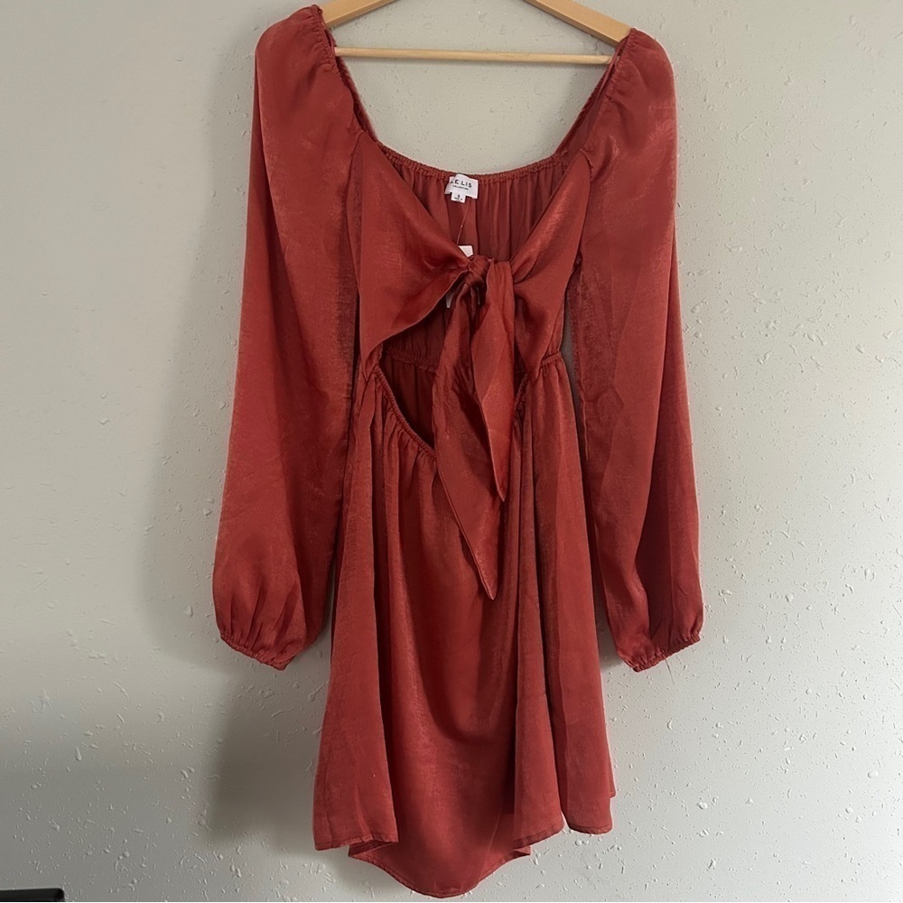 Le Lis NWT Marsala Red Orange Tie Cut Out Mini Dress Long Sleeve Holiday Party